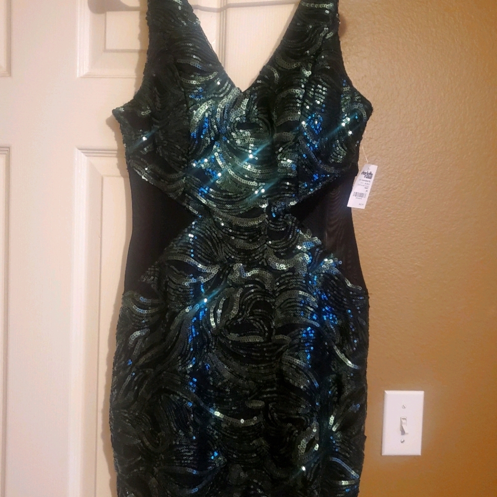 Sequin green dress with mesh cutouts